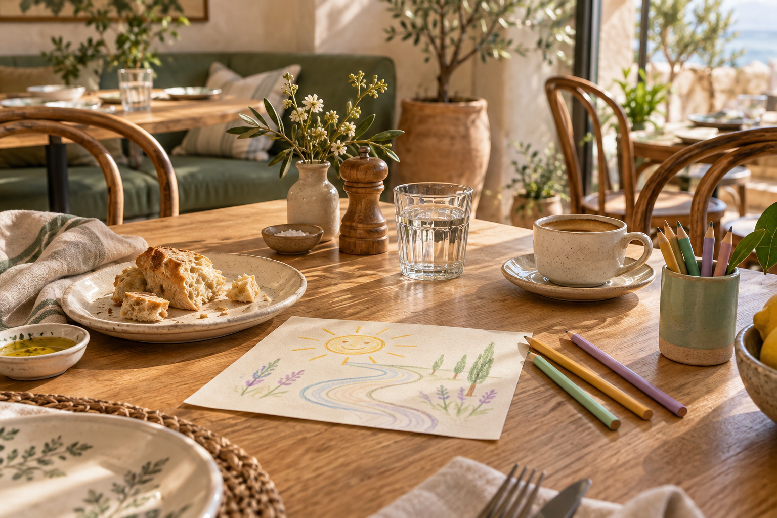 Una mesa acogedora con un dibujo, lápices de colores y vajilla preparada para compartir.